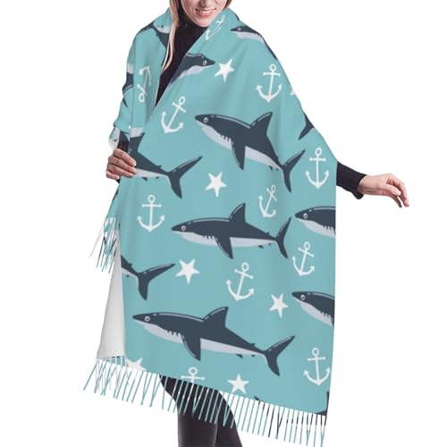 Shark Nautical Funny Anchor Pattern Tassel Scarf, Winter Warm Scarves Shawls Blanket For Women
