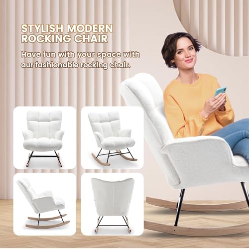 Image of SAETSFEG Rocking Chair Nursery Teddy Upholstered Glider Rocker Rocking Accent Chair Padded Seat with High Backrest Armchair Comfy Side Chair for Living Room Bedroom Offices (White Teddy)