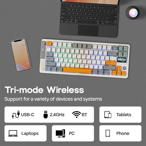 Image of EPOMAKER RT85 Wireless Mechanical Keyboard with Joystick & DIY Screen, 8000mAh, BT /USB /2.4Ghz, Gasket, Hot-Swap, PBT Keycap, 75% Gaming Keyboard (Retro White, Wisteria Linear)