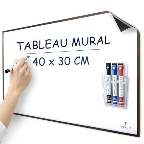 PREVIS Tableau Magnetique Mural Blanc Adhesif A3 40x30cm - 3 Feutres - Film Tableau Blanc Effacable Mural - Grand Rouleau Papier Aimanté Adhésif pour Maison,...