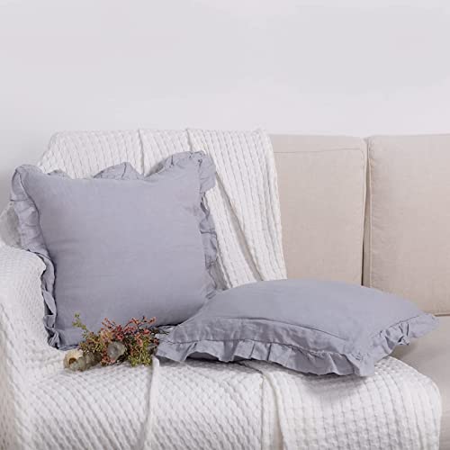 Atlinia 100% Linen Ruffle Throw Pillow Cover Pack Of 2, Decorative Pillow Covers 18 X 18 Inch, Washed Soft Bed Couch Sofa Ruffled Grey Pillow Covers #TOP3