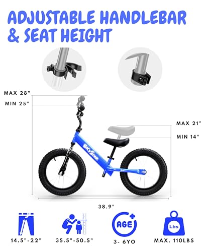 Image of bicystar 14 Inch Balance Bike for Kids 3-5, Air Rubber Tires, Blue