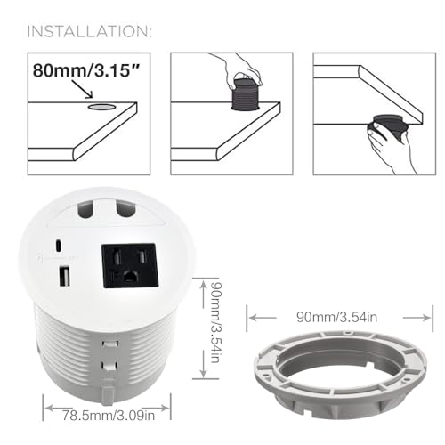 Image of Desktop Power Grommet with 33W Fast Charging USB-A+C, with 1 AC Power Outlet and 4.5FT Extension Cord Recessed Power Outlet for Conference Rooms, Office Tables, Furniture (White)