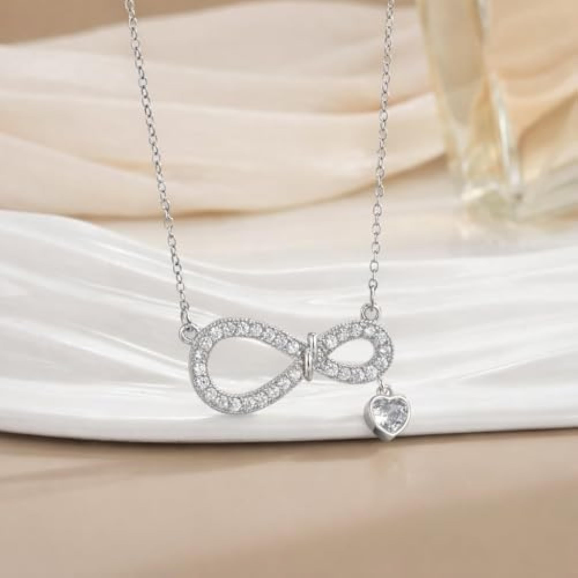 Silver AD Diamond Stone Infinity Heart Pendant Necklace