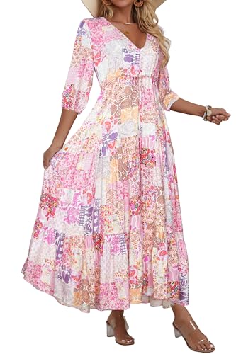 Image of Women Short Sleeve V Neck Floral Print Casual Bohemian Maxi Dresses