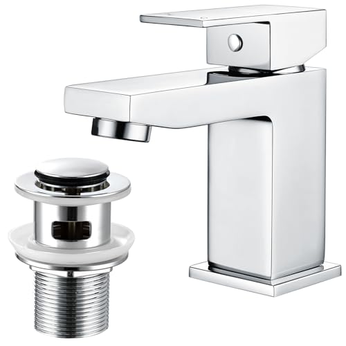 Bathroom Sink Taps Basin Mixer Tap with Pop Up Waste, Square Basin Taps Modern Mono Single Lever Bathroom Mixer Taps with Drain for Bathroom, Washroom, Cloakroom, Chrome