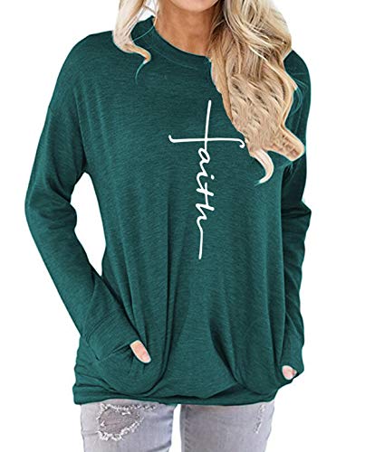 ZILIN Women's Casual Letter Print Crewneck T-Shirt Long Sleeve Tunic Tops Sweatshirt With Pockets (Green, Large)