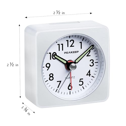 Image of Peakeep Ultra Small, Battery Travel Alarm Clock with Snooze and Light | Silent No Ticking Analog Quartz Clock (White)