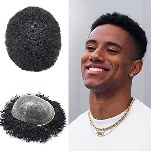 Afro Kinky Curly Toupee For Black Men Injected PU Full Poly Mens Hairpiece 8x10 Inch Brazilian Human Hair Replacement Systems Afro Wave African American Wigs For Men (8x10", #1 JET BLACK-AFRO WAVE 6MM)