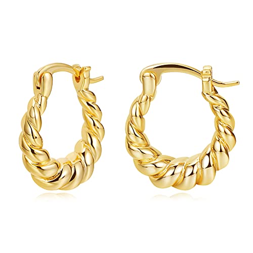 FAMARINE 14K Gold Plated Twisted Hoop Earrings for Women Small Hoops Chunky Earrings Gift