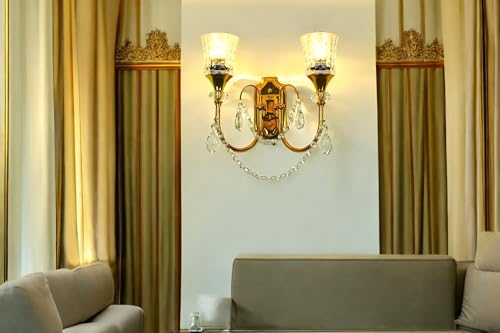Image of Prop It Up Crystal Wall Sconce, 2-Light Chandelier with Glass Shades, Gold Finish, Decorative Crystal Drops, Without Bulb