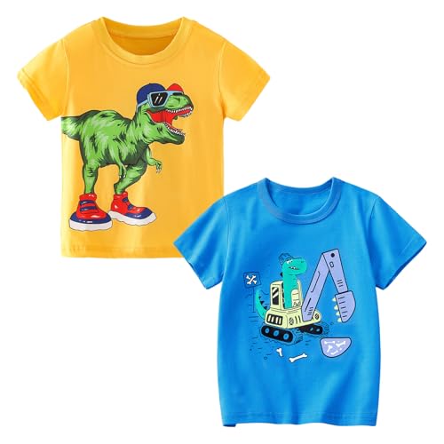 Codkkre Camisetas de Manga Corta para Niños T-Shirts Algodón de Dinosaurio Ropa de Verano para Infantil, Dinosauro Giallo/Escavatore BLU, 8 años