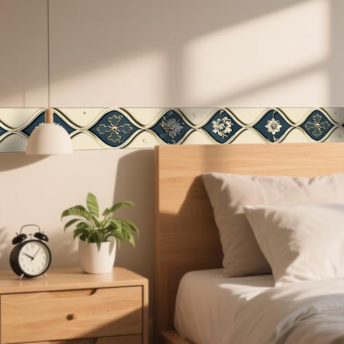 Image of Nuxovilar Blue Gold Embossed Floral Border PVC 3.94x16.4' | Wall Trim, Molding Decal, Peel Stick Border, Adhesive Frame, for Bedroom, Kitchen, Living Room (Embossed Floral)