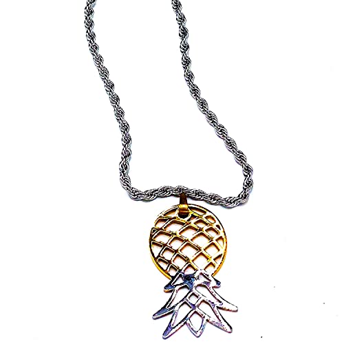 Partners ID Upside Down Pineapple Necklace Authentic Lifestyle Jewelry Small Stainless Steel Necklace Two-Tone Pendant with Logo Symbol Jewelry Unisex Elegant Everyday Wear