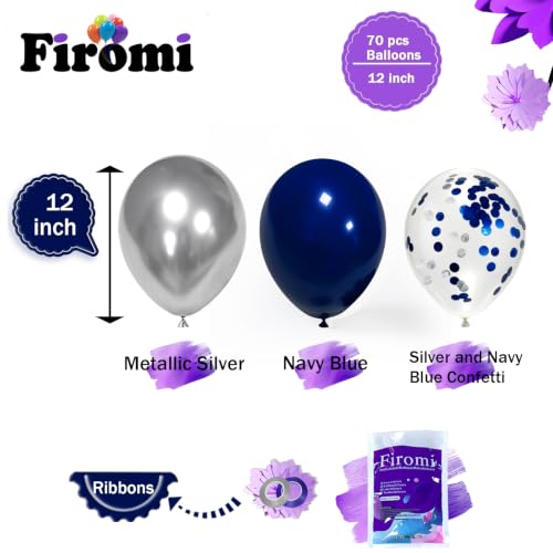 Image of Firomi Metallic Silver Navy Blue Balloons Set 12 inch 70pcs (2 Ribbons) | Dark Blue and Silver Confetti Balloons Set for Wedding Graduation Retirement Birthday Bachelorette Party