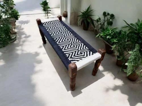 Image of Handwoven Wooden Bench | Traditional Rope Charpai Stool | Solid Wood Frame Seating for Living Room, Balcony & Outdoor | Durable & Stylish Design (Black & White Finish)