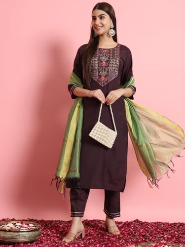 Image of VredeVogel Women's Silk Blend Embroidered Kurta with Pant & Viscose Print Dupatta Set