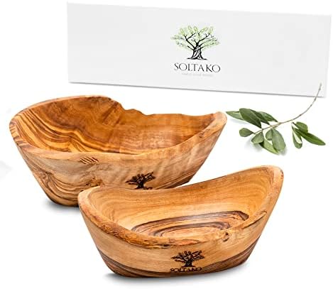 SOLTAKO Handmade Olive Wooden Bowls - Small Charcuterie Bowl - Set of 2 wooden bowls for Candies, Olives, Sauces, Ketchup, Chips, Dried fruits - Rustic Design - Charcuterie Accessories
