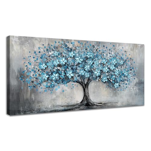 WENGTIAO Arbol de La Vida Azul Lienzo Cuadro Enmarcado Grande Vintage Floral Árbol Pintura Sobre Lienzos Cuadros Decoracion Salon Modernos Dormitorios Decorativos Pared Casa 50x120 cm