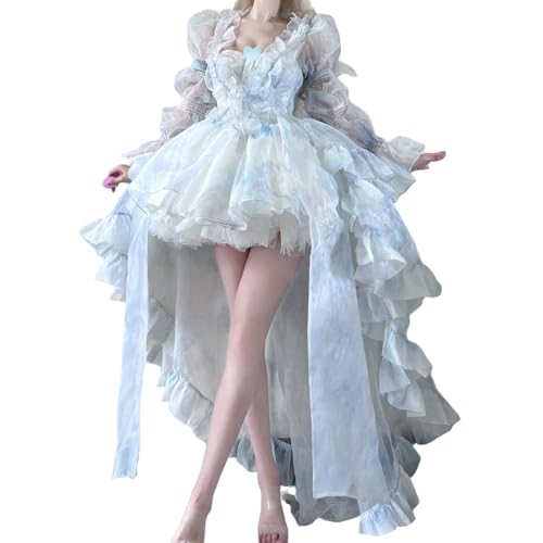 [ボズとガルヤ] ロリータ服 花嫁 ワンピース 長い裾 透け感 リボン ジャンパースカート ロングトレーン 貴族風 水色 ピンク ゴスロリ 宮殿風 バニエ付き 結婚式 パーティー お姫様 お茶会