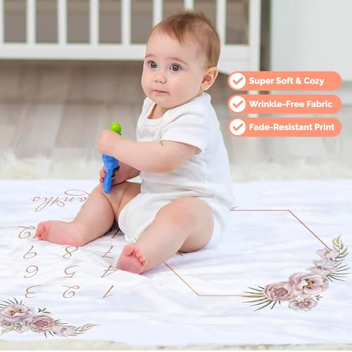 Image of Monthly Baby Milestone Blanket 60 inchx50 inch - Elegant Boho Floral Design with Felt Frame - Track Your Baby's Monthly Growth - Perfect Gender Neutral Gift for New Parents - Personalized Baby Blanket