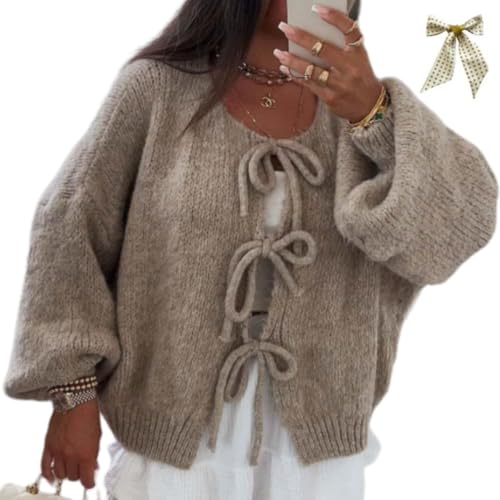 Women's Bowtie Oversized Knit Sweater Cardigan Cute Crew Neck Bow Tie Front Casual Long Sleeve Knitwears Loose Pullover Tops