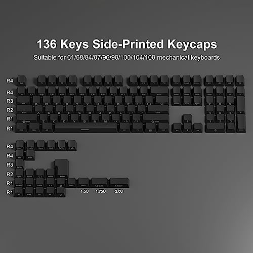 XVX PBT Keycaps - Side Print Keycap Set, Double Shot Shine Through Custom Keycaps, Black Keycaps OEM Profile 136 Keys, Minimalist Style Phantom Keyboard Keycap for Mechanical Keyboards