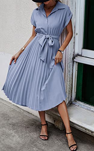 Image of ECOWISH Womens Casual Midi Dresses Solid V Neck Short Sleeve Button Shirt Belted Dress with Pockets for Spring Summer 2026