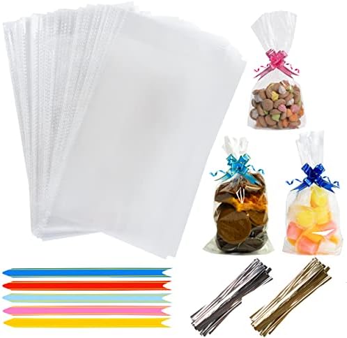 Cellophane Bags Pack of 50 (6 x 10 Inches) Food Safe Cookie Bags with 50 Mix Colors Pull Bows & Twist Ties - Clear Bags for Halloween & Christmas Gifts, Packaging Sweet bags for Hamper Making