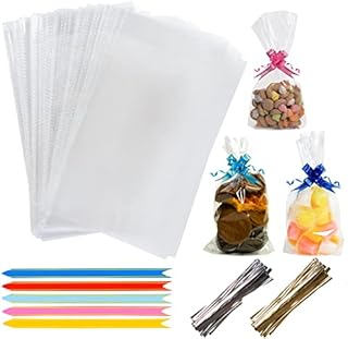 Cellophane Bags Pack of 50 (6 x 10 Inches) Food Safe Cookie Bags with 50 Mix Colors Pull Bows & Twist Ties - Clear Bags for Halloween & Christmas Gifts, Packaging Sweet bags for Hamper Making