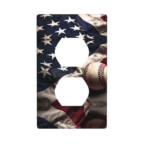 Double socket wall plate Electrical Receptacle Light Switch Cover Art Faceplate Switchplate for Home Decor 4.5X2.76 Inch American flag and baseball Pattern