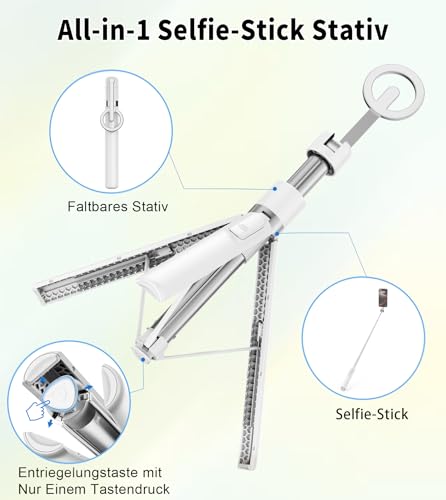 TONEOF 173cm Magnetisches Selfie Stick Stativ, Stark Magnetischer Aluminium Halter für Magsafe-Handy 360° Drehbar, Einziehbares Reisestativ mit Metallring&Fernbedienung, Tragbares Handystativ-Weiß