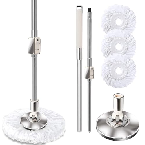 Replaceable Handle for Rotating mop 360 Rotation Adjustment Wet Dusting Mop Includes 3 Microfiber Mop Replacement Heads Suitable for Floors Walls Outdoor Areas and Various Home Scenarios