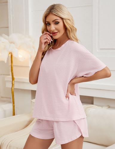 JUSTFASHIONNOW Womens Pajama Sets Shorts Striped Print Two Piece Lounge Sets Crew Neck Sleepwear Split Shorts Set Soft Pjs3