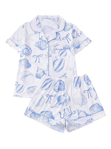 Women's 2 Piece Pajama Sets Shell Print Short Sleeve Sleepwear Button Down Shirt and Bow Shorts Loungewear Pj Sets