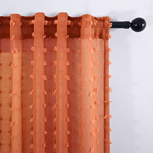 Koufall Orange Boho Curtains 63 Inch Length For Nursery 2 Panels Faux Butterfly Pom Pom Tufted Floral Sheer Curtain For Bedroom #TOP6