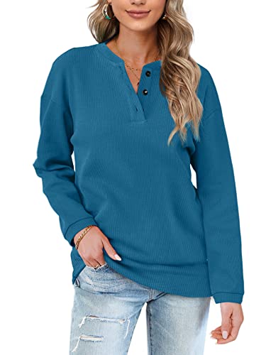 Image of Aokosor Womens Sweatshirts Ladies Jumpers for Women UK Long Sleeve Tops Ladies Loose Sweatshirts with Buttons Plain Size 22-24 Peacock