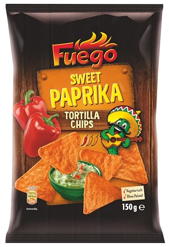 Fuego - Tortilla Chips Sweet Paprika | Mexikanische Tortillachips mit würzig-süßem Paprikageschmack | Knuspriger Snack aus Maismehl | 150 g im Beutel