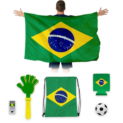 G128 Brazil Soccer Fan Kit 6 PCS, Game Day Supporter Set with Wearable Flag, Koozie, Clapper, Squishy Ball, Drawstring Bag & Face Paint, Soccer Fan Gear, Tailgate & Watch Party Accessories