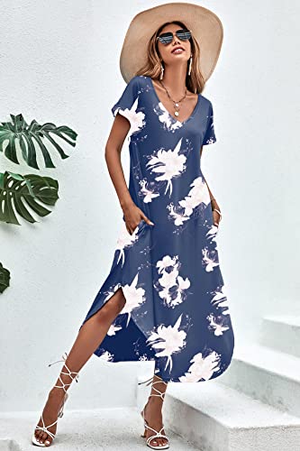 Image of Ekouaer Long Nightgowns for Women Short Sleeve House Dress with Pockets V Neck Sleepshirts Side Split Sleepwear S-4XL