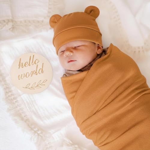 Image of BQUBO 3 Sets Cotton Baby Swaddle Blankets Swaddling Wrap with Hats Mittens Newborn Soft Silky Nursery Receiving Blanket Cute Bear Ears Hat Elastic Gloves Set for Unisex Baby 0-3 Months
