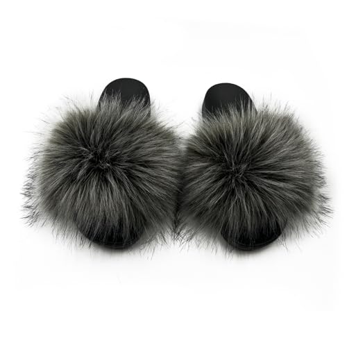 Image of Women's Faux Fur Slides Slippers Fluffy Fuzzy Sandals Open Toe Furry Slide Flip Flop Indoor Outdoor