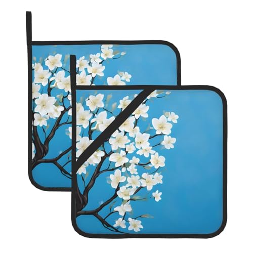 Paquete de 2 soportes para macetas con diseño de flores de cerezo japonés, resistentes al calor, impermeables, para cocina, microondas, accesorios de barbacoa con cuerda para colgar