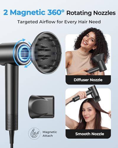 High Speed Ionic Hair Dryer, 160,000 RPM Brushless Motor Blow Dryer for Fast Drying, 500 Million Negative Ions for Frizz-Free Hair, No Heat Damage, Lightweight with Magnetic Diffuser & Nozzle — view 4