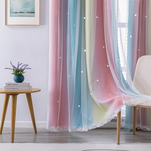 Image of XiDi Dream Star Blackout Curtains for Kids Rooms Girl Princess Curtain for Daughter Bedroom Window (Pink Blue, W34 X L63)
