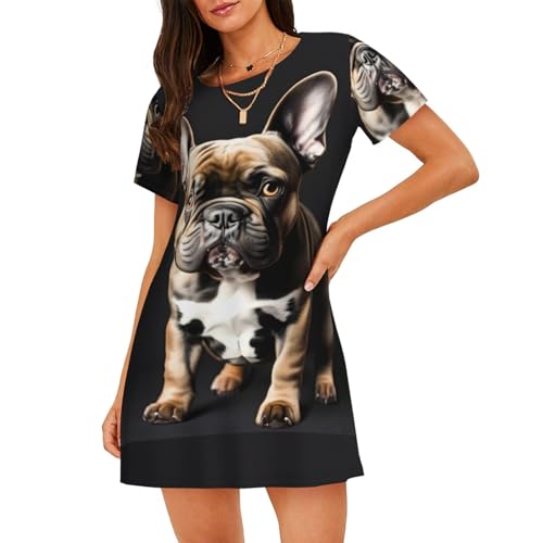 Chemise de nuit manches courtes imprimé bouledogue français pour femme
