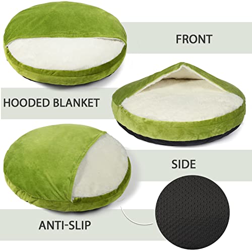 Patas Lague Round Calming Dog Bed With Hooded Blanket For Small Dogs 24X4 Inch, Pet Cat Cuddler Cave Bed With Removable Washable Cover, Anti-Slip Bottom, Forest Green #TOP4