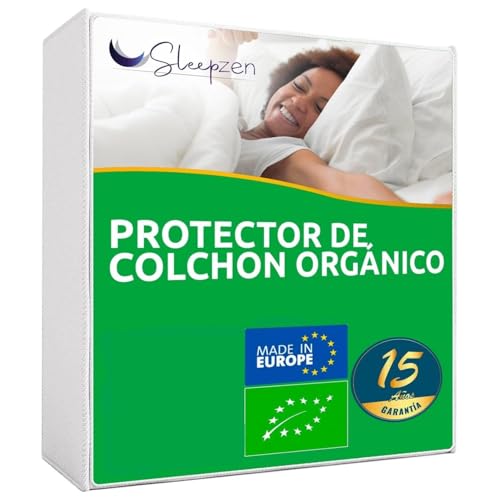 Sleepzen - Protector de Colchon 160x200 cm Algodón Orgánico Certificado Oeko-Tex®, Funda Colchon, Cubre Colchon, Muy Confortable, 100% Natural Sano y silencioso - No Impermeable - Sábana Bajera