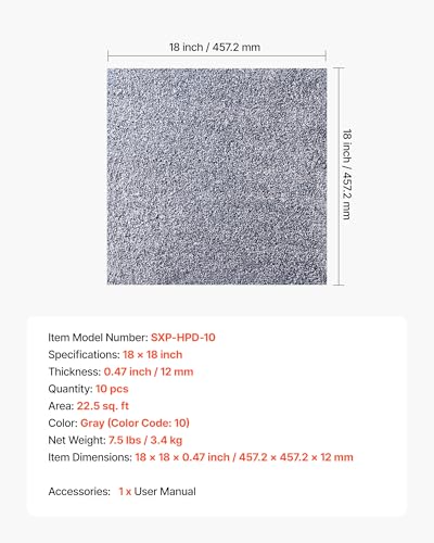 Image of VEVOR Carpet Tiles 18x18 inch, 10 Pack Carpet Square Rug Detachable & Damage-Free, Self Adhesive Home Floor Soft Plush Padded for 22.5sq.ft Coverage, Easy DIY for Living Room & Bedroom, Gray