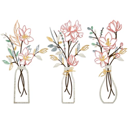 ARTINME 3 Pieces Metal Flowers Wall Arts - Pink and